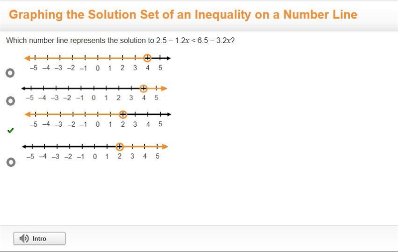 Which number line represents the solution to 2.5 – 1.2x < 6.5 – 3.2x? A number-example-1