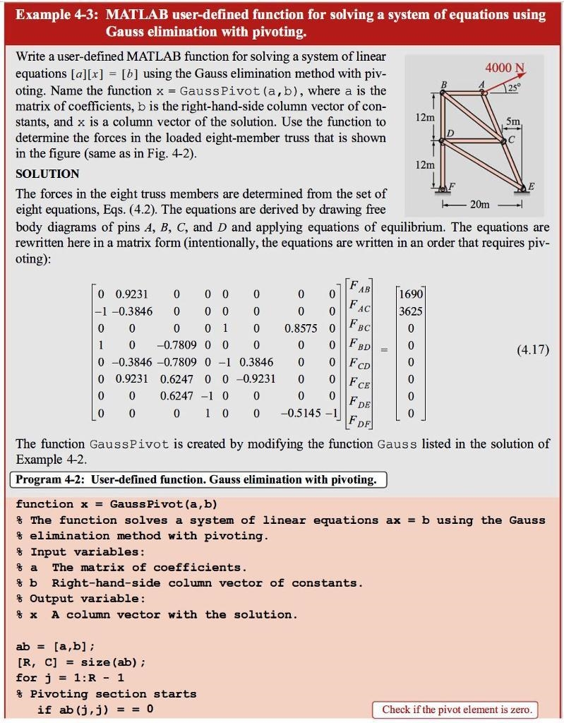 Modify the user-defined function GaussPivot in Program 4-2 (Example 4-3) such that-example-3