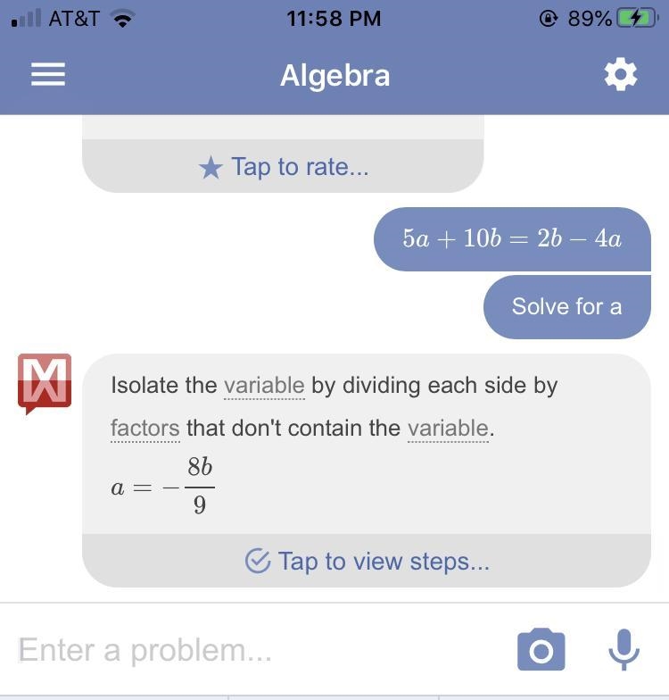 Solve the literal equation 5a + 10b = 2b - 4a for a.​-example-1