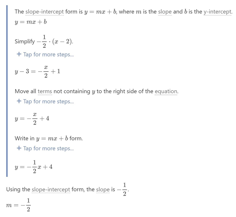 What is the slope of the line with equation y-3=-1/2(x-2)?-example-1