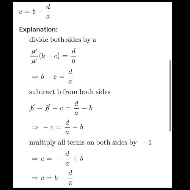 PLEASE HELP!!!!!! Solve for c. a(c + b)=d-example-1