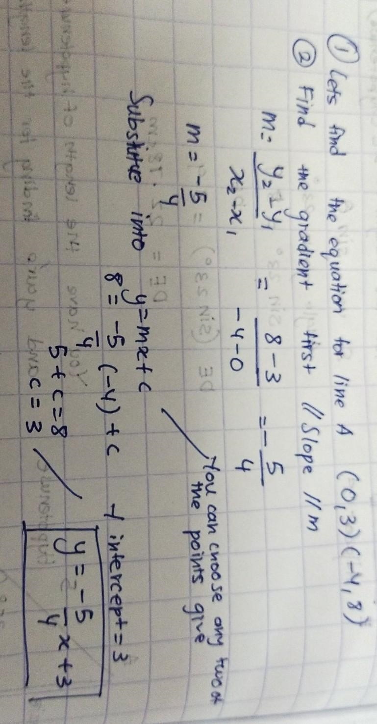 line a passes through (0,3) & (-4,8) line b passes through (0,5) & (5,9) lines-example-1