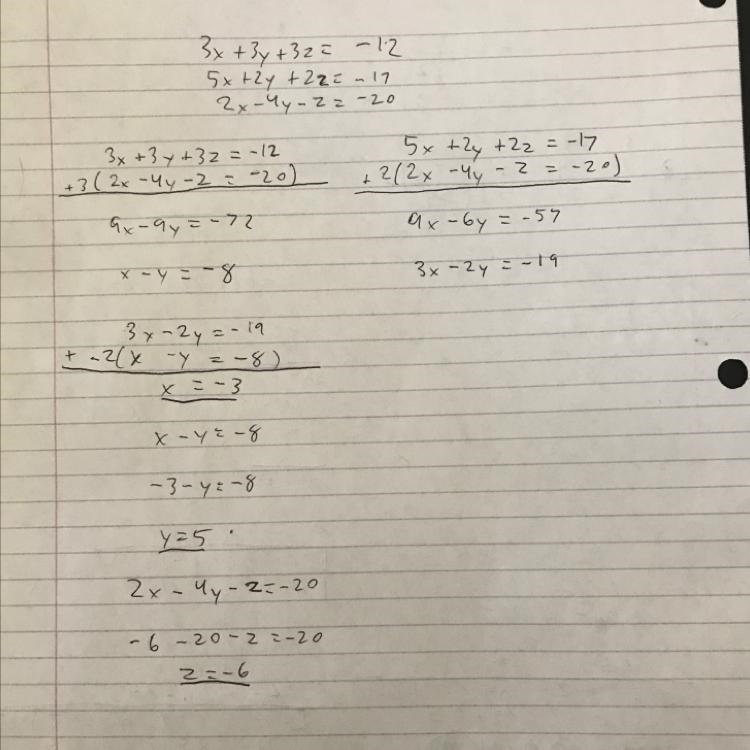 What is the solution to the following system? 3x + 3y + 3z = -12 5x + 2y + 2z = -17 2x-example-1