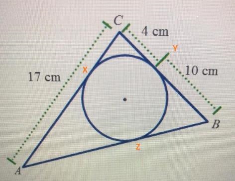 The circle is inscribed in the triangle. Find the length of AB. A. 14 cm B. 17 cm-example-1