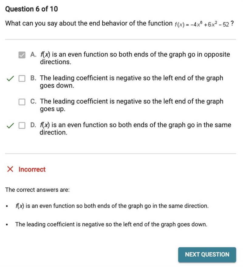 What can you say about the end behavior of the function f(x)=-4x^6+6x^2-52-example-1