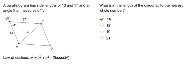 What is x, the length of the diagonal, to the nearest whole number-example-1