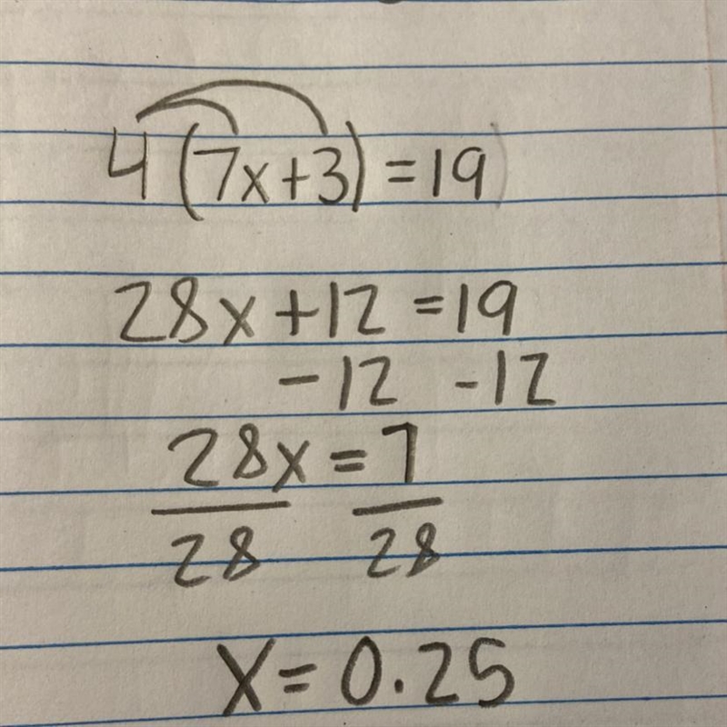 What is the value of x in the equation 4(7x + 3) = 19? (5 points)-example-1