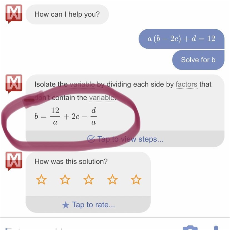 Solve for b. a(b – 2c) +d=12-example-1