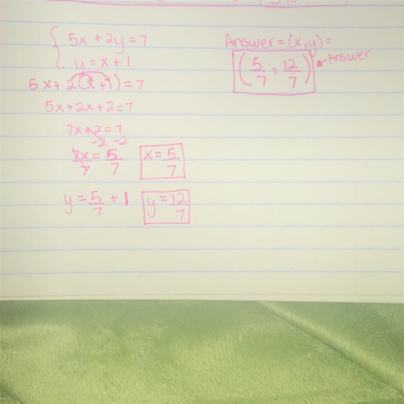 5x+2y=7 y = x + 1 What is the solution set of the given system? (5/7, 12/7) (12/7,5/7) (19/7, 16/7) NEZ-example-1