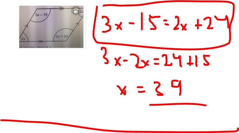 Parallelogram = 2x, 3x - 15, 2x + 24, 2x Work out the value of x.​-example-1