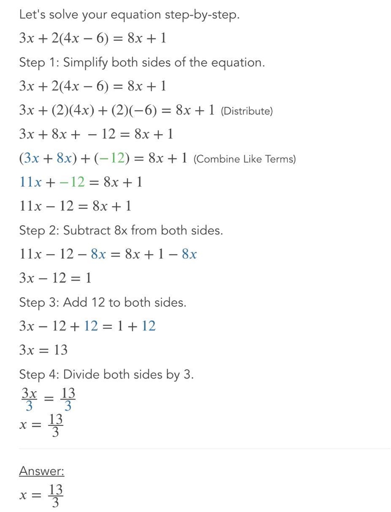 Solve the equation. 3x + 2(4x − 6) = 8x + 1 What is the value for x? x =-example-1