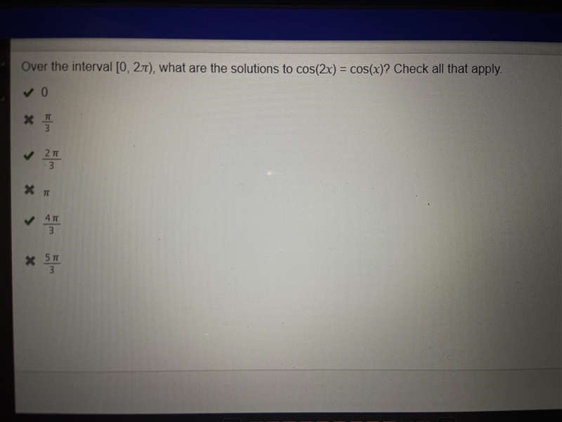 Find all exact solutions on the interval [0, 2pi]. cos(2x) - cos(x)= 0​-example-1