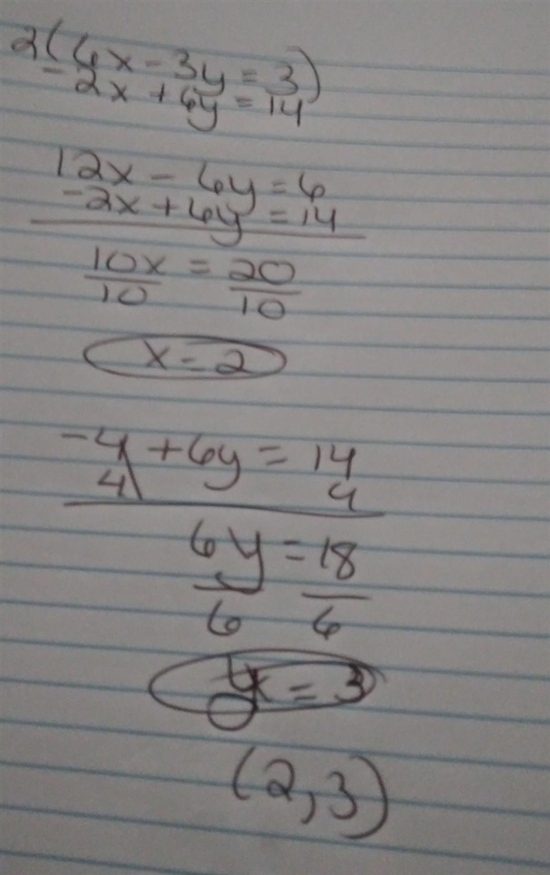 Solve the system using multiplication for the linear combination method. 6x – 3y = 3 –2x-example-1