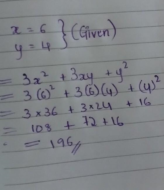 If x = 6 and y= 4, evaluate the following expression: 3x^2 + 3xy + y^2-example-1