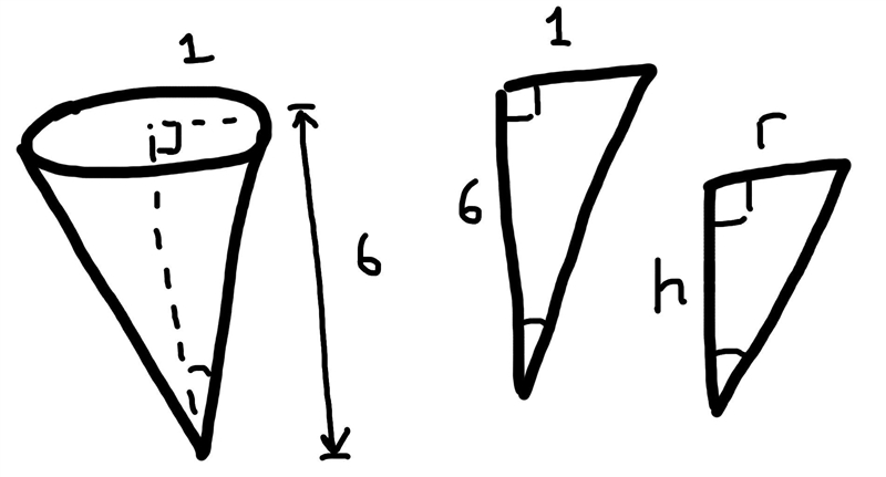 A conical container, with vertex down, has a height of 6 cm and a diameter of 2 cm-example-1