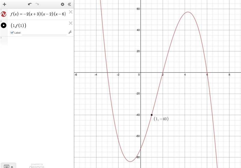 1 point Below is the graph of y = a(x + 3)(x - 2)(x - 6). The graph contains the point-example-1