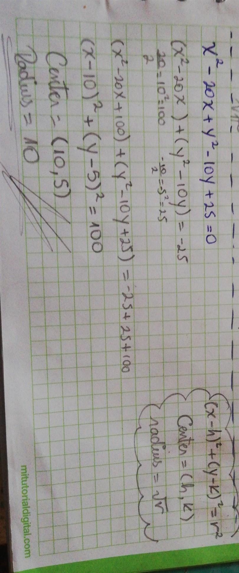 X2 -20x + y^2 - 10y+25=0 identify center of the circle and radius-example-1