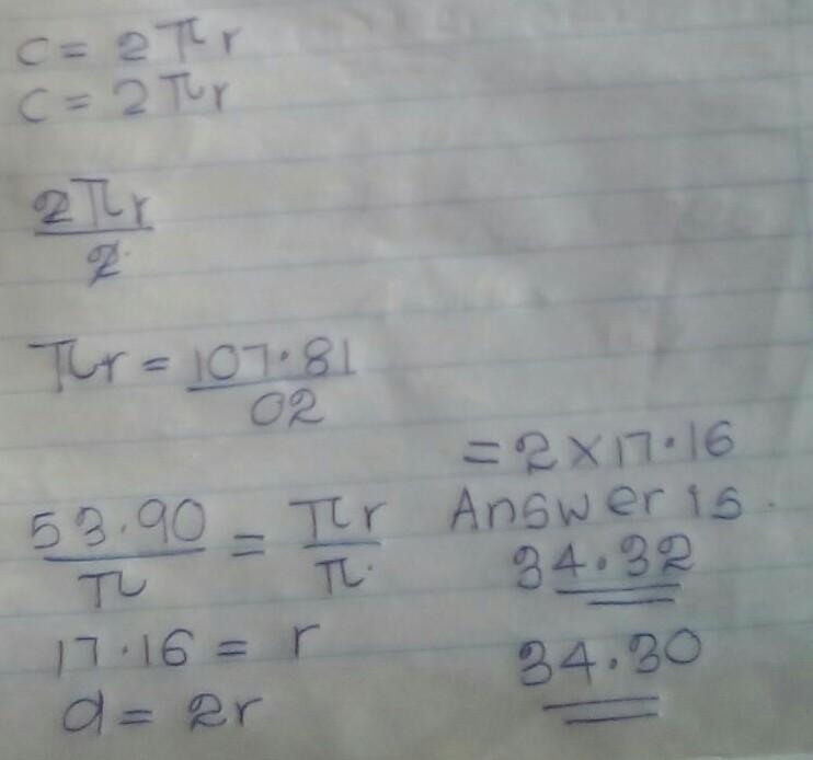 The circumference of a circle is 107.81 yards. Find the diameter of the circle to-example-1