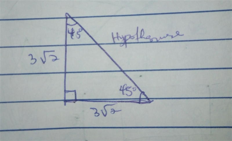 Find the length of the hypotenuse. 45 degree triangle 3 square root of 2-example-1