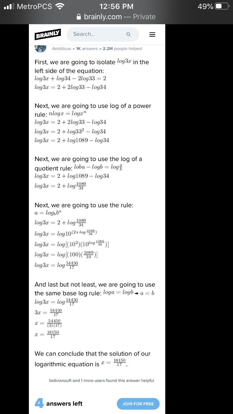 Explain the process and the properties you have to use to solve the logarithmic equation-example-1