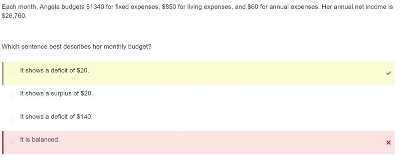 Each month, Angela budgets $1340 for fixed expenses, $850 for living expenses, and-example-1