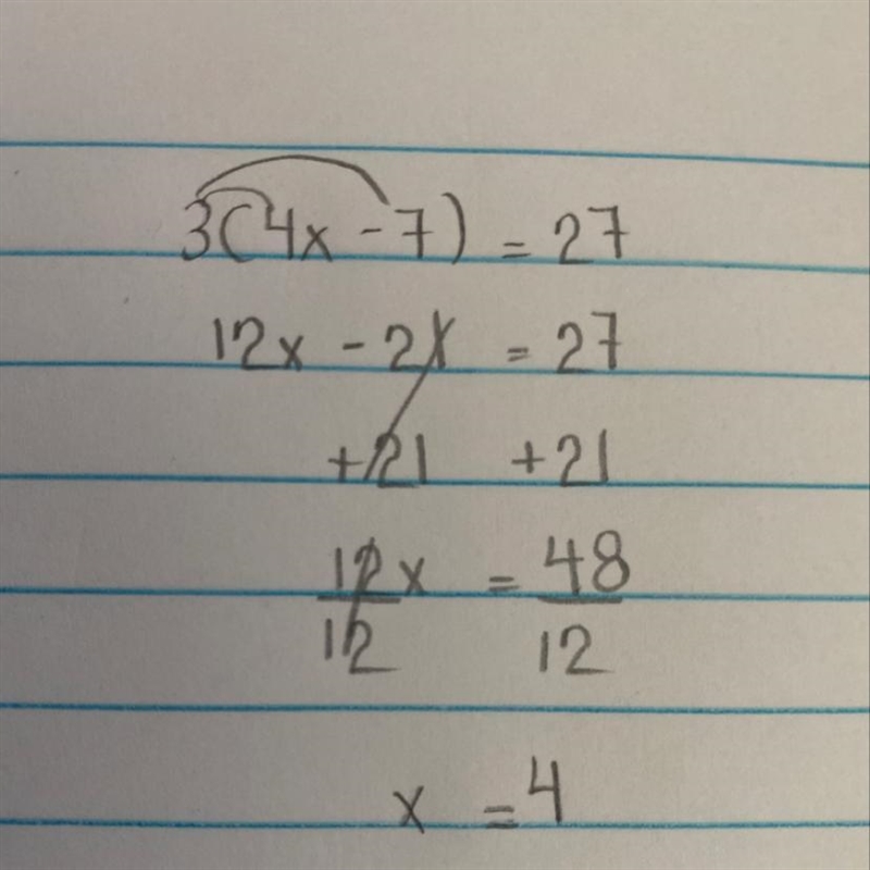 Solve. 3(4x - 7) =27-example-1