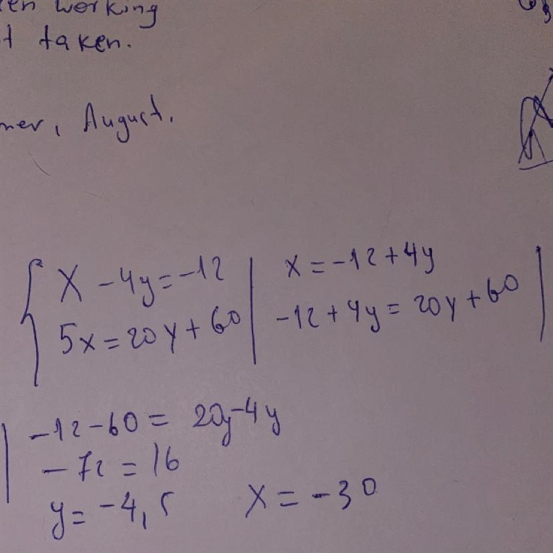 X-4y=-12 and 5x=20y+60 How do you solve this-example-1