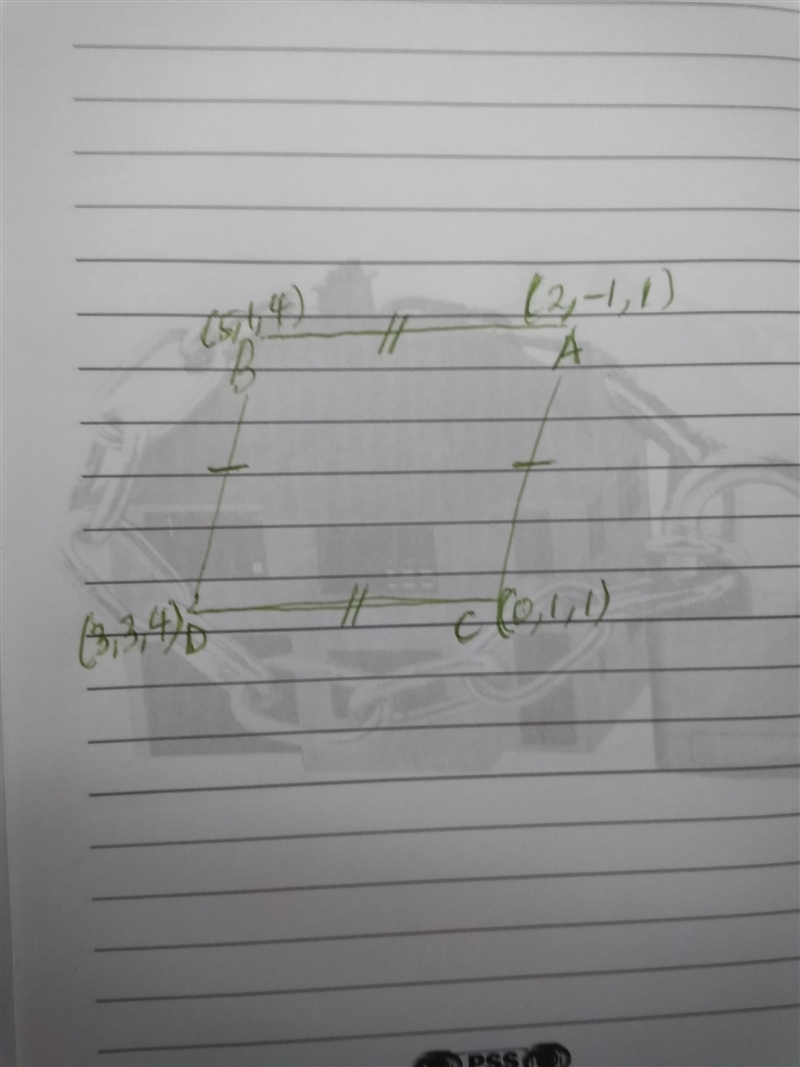 Verify that the points are the vertices of a parallelogram and find its area. (2,-1,1), (5, 1,4), (0,1,1), (3,3,4)-example-1