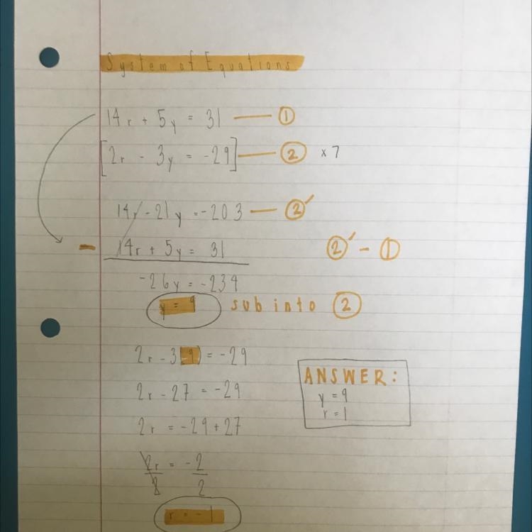 Solve the system of equations. 14r + 5y = 31 2r - 3y = -29-example-1