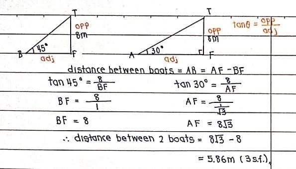 From the top of the cliff 8m high,two boats are seen in the direction due west.find-example-3