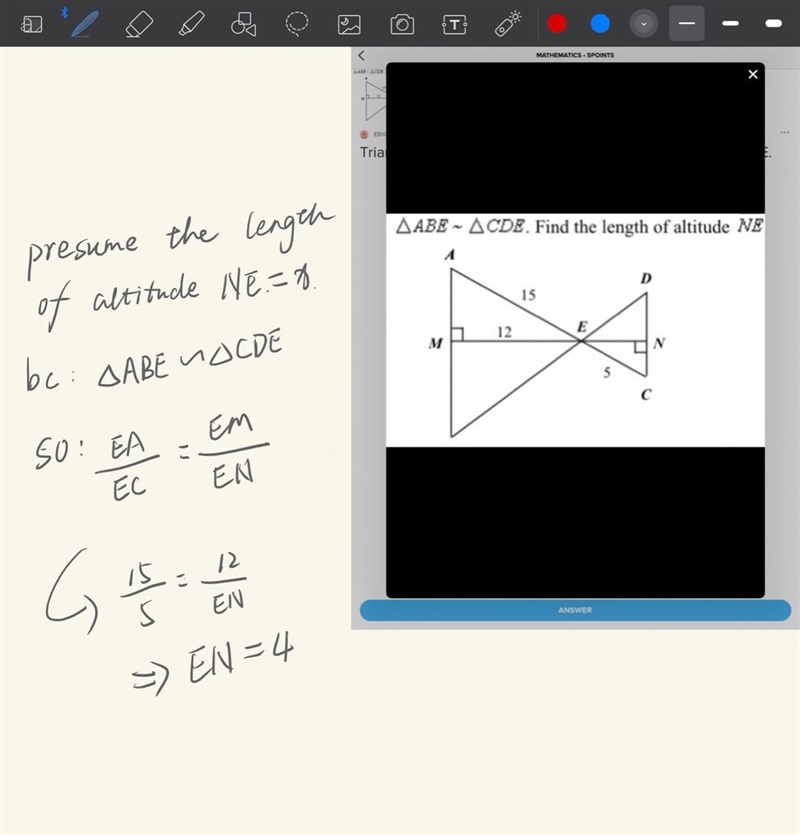 Triangle ABE ~ Triangle CDE. Find the length of altitude for NE.-example-1