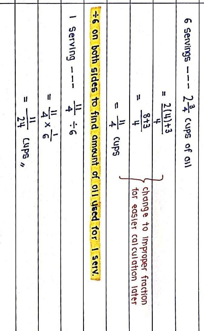 SHOW YOUR WORK PLEASE SOMEONE ANSWER THIS :( Ryan uses 2 3/4 cups of oil to make 6 servings-example-1