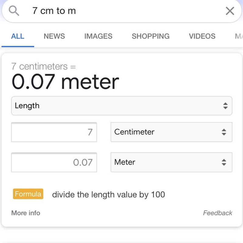 Convert 7 centimeters to meters. 7cm=?m will the converted amount have more or fewer-example-1