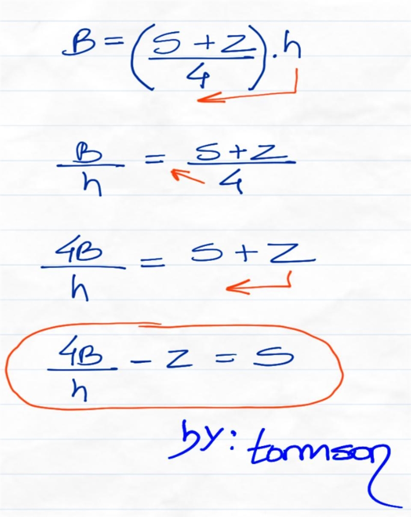 Solve for s B=(s+z/4)h-example-1