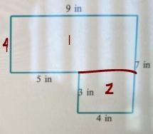 Find the area of the figure. (Sides meet at right angles.) 9 in in 5 in B in 4 in-example-1