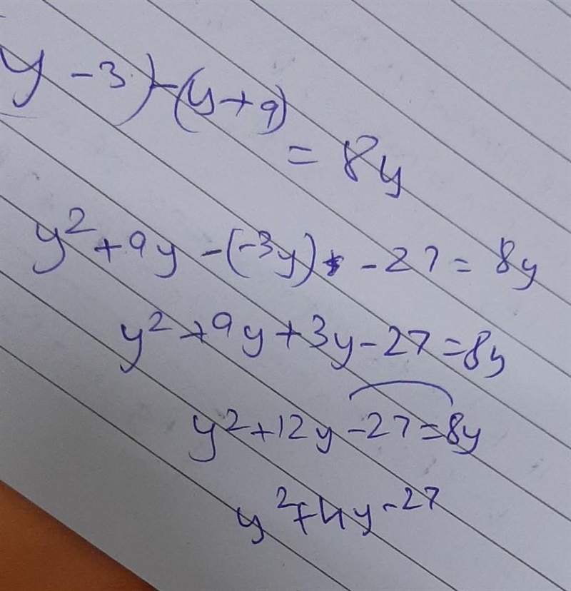 Solve the equation (y-3) - (y+9) = 8y-example-1