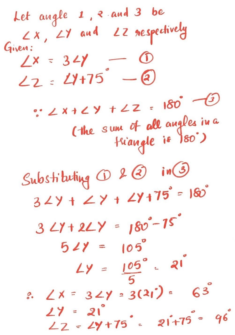 In a triangle, the measure of the first angle is three times the measure of the second-example-1