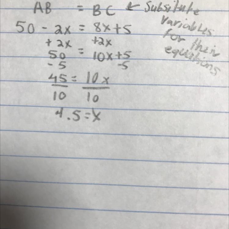 Plssss help me omg If AB = BC and AB = 50-2x and BC = 8x +5, find the length of AB-example-1