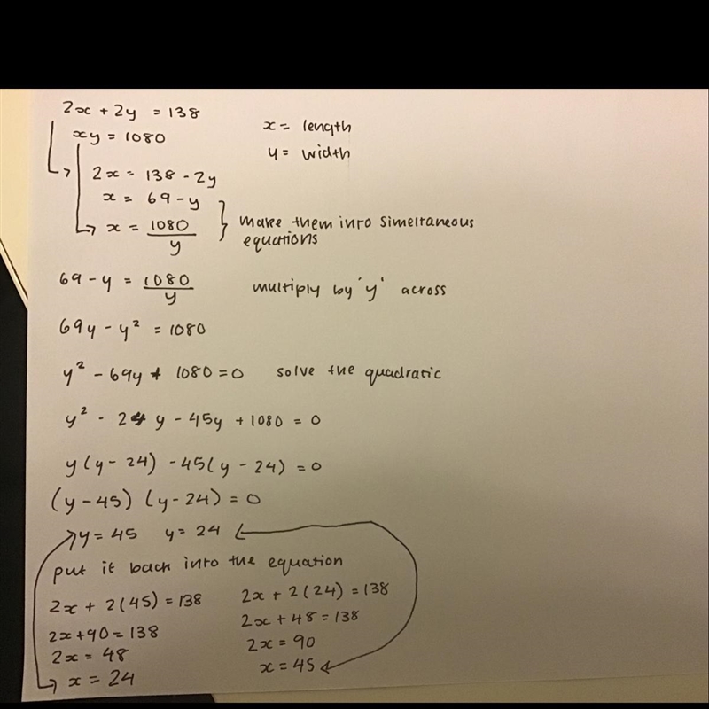 The perimeter of a rectangle is 138 meters and the area is 1080 square meters. Find-example-1