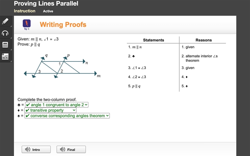 Given: m || n, ∠1 ≅ ∠3 Prove: p || q Horizontal parallel lines n and m are cut by-example-1