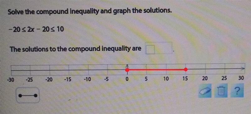 Solve the compound - 20 ≤ 2x - 20 ≤ 10​-example-1