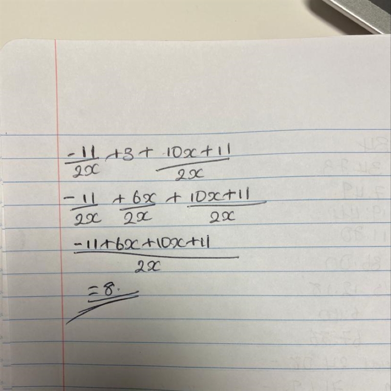 Simify the expression (-11/2 x + 3) -2(-11/4 x -5/2)-example-1