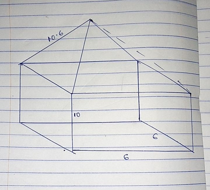 A square-based prism made of clay had dimensions of 6 by 6 by 10. A pyramid was removed-example-1