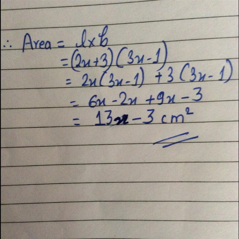 What is the area of a rectangle with sides measuring 2x+3 and 3x-1 feet-example-1