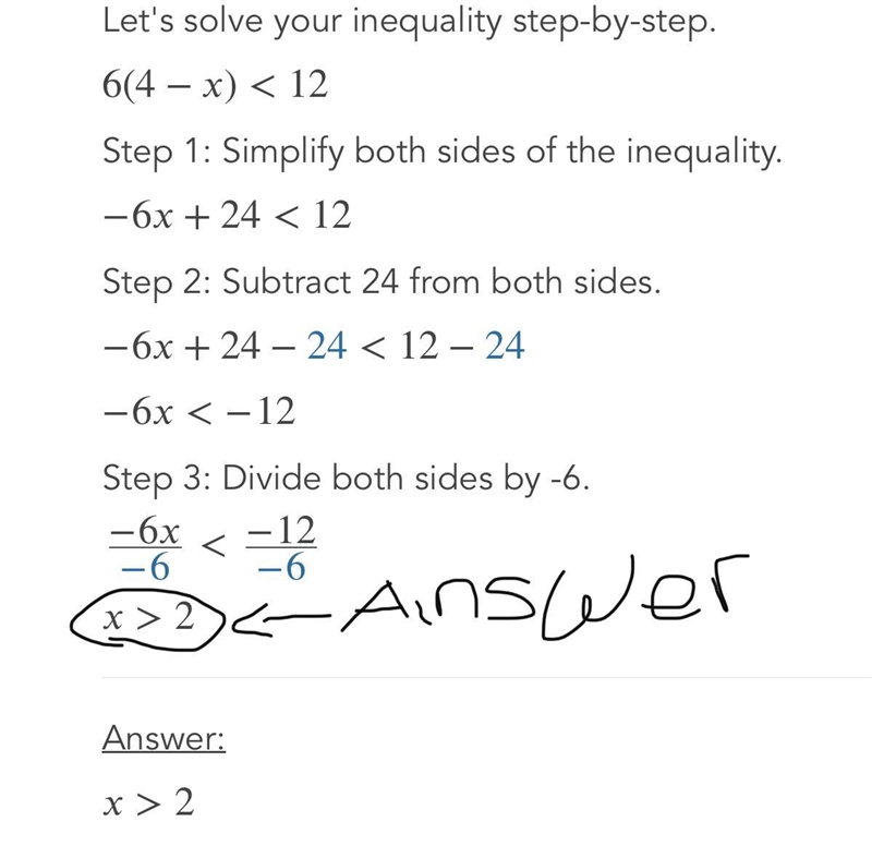 SOLVE, GRAPH AND CHECK: 6(4- x) < 12-example-1