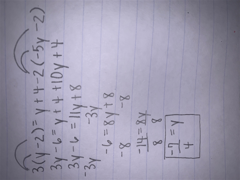 Solve for y. 3(y-2) = y +4-2(-5y-2) Simplify your answer as much as possible.-example-1