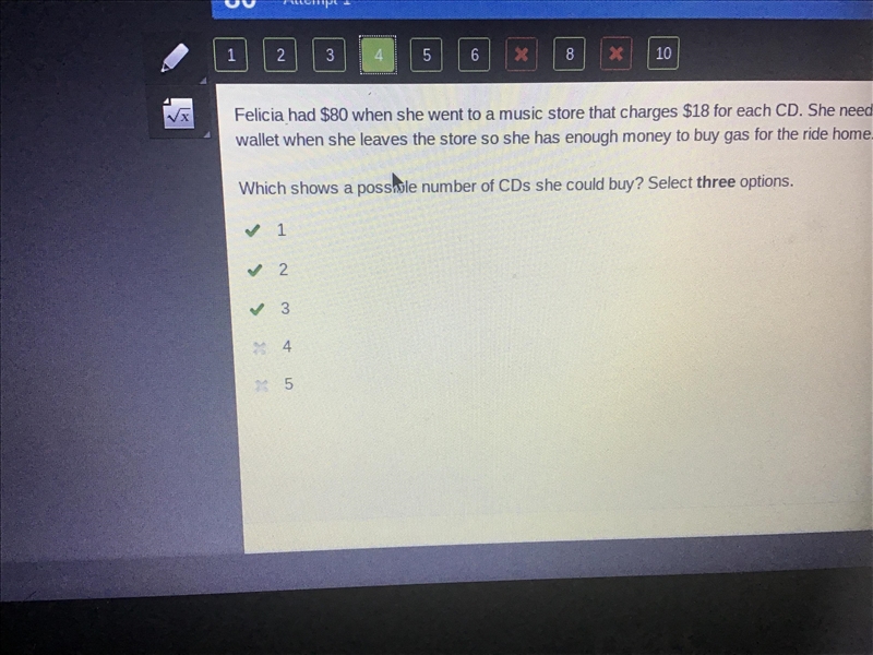 Felicia had $80 when she went to a music store that charges $18 for each CD. She needs-example-1