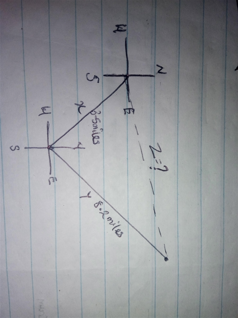 trig problem a dog walks 3.5 miles southeast then 8.2 miles north of east what is-example-1