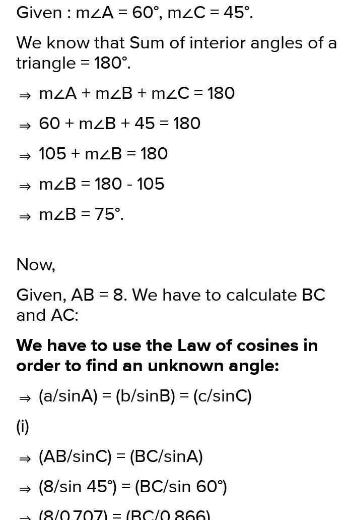 Given: △ABC, m∠A=60° m∠C=45°, AB = 9 Find: Perimeter of △ABC Area of △ABC ABC is scalene-example-1