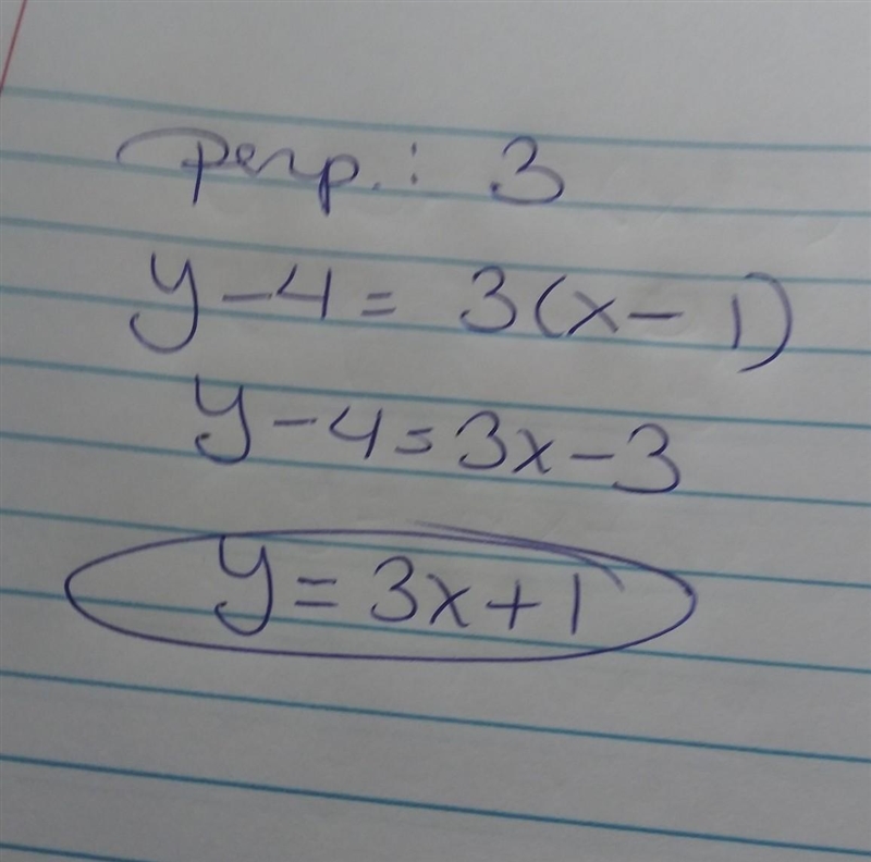 Which line is perpendicular to the line Y= -1/3x -2 and passes through the point (1,4)​-example-1